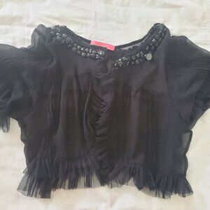 Betsey Johnson Sheer Short Black Jacket Beaded Neckline Ruffle Sleeves & Bottom